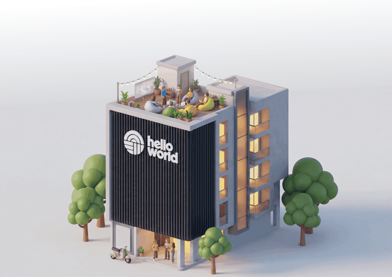 HelloWorld coliving building with residents on the terrace